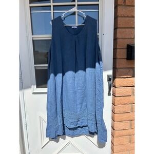 Rosemarine Italy Blue Linen Crochet Lace Trim Pocket Shift Dress 3X Lagenlook